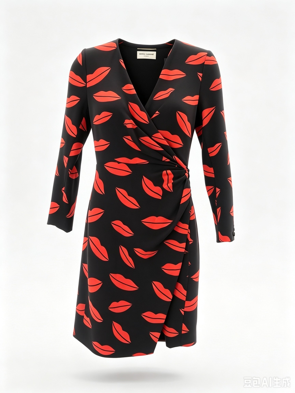 Saint Laurent Black Wrap Dress with Red Lip Print